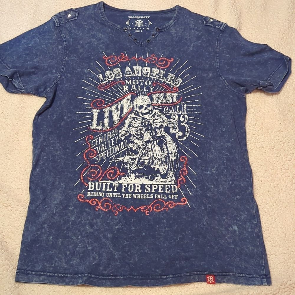 Tranquility Mayhem Mens Shirt Size L Blue Stone Wash‎ moto rally Skull Graphic